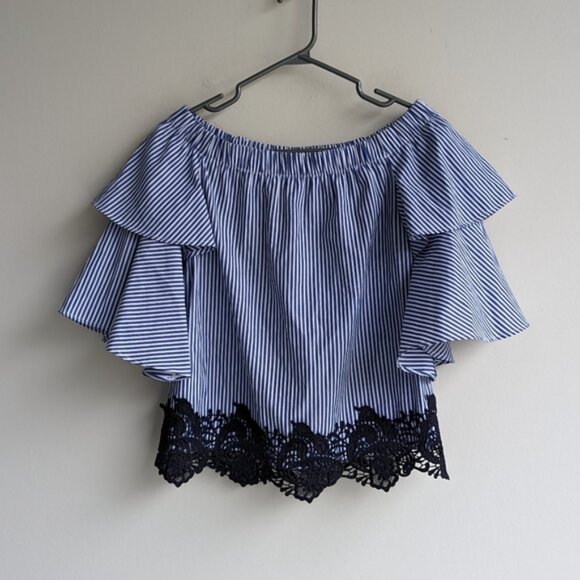 Zara off the shoulder ruffle puff sleeve striped lace blouse - Picture 5 of 6